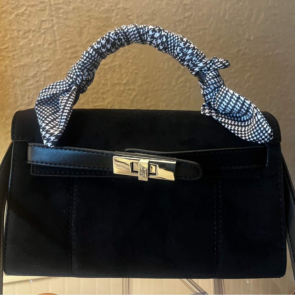 Black Suede Top-Handle Bag with Patterned Handle Wrap